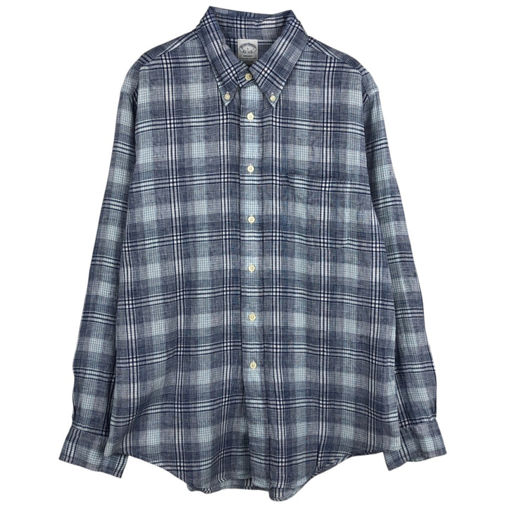 Brooks Brothers Est.1818 REGENT Check Pattern Long-Sleeve Button-Down Shirt, Men's Size L (approx.) linen blue type Vintage Second Hand