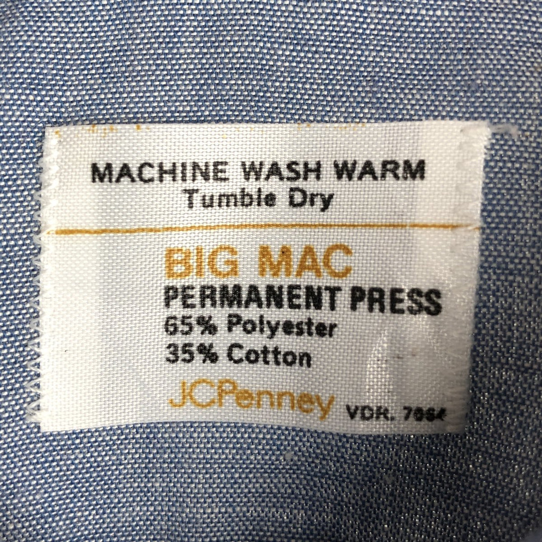 1970'S JCPenney BIG MAC Long-Sleeve Chambray Shirt, Men's Size XL (Equivalent), Vintage cotton Blue type light blue Vintage Second Hand