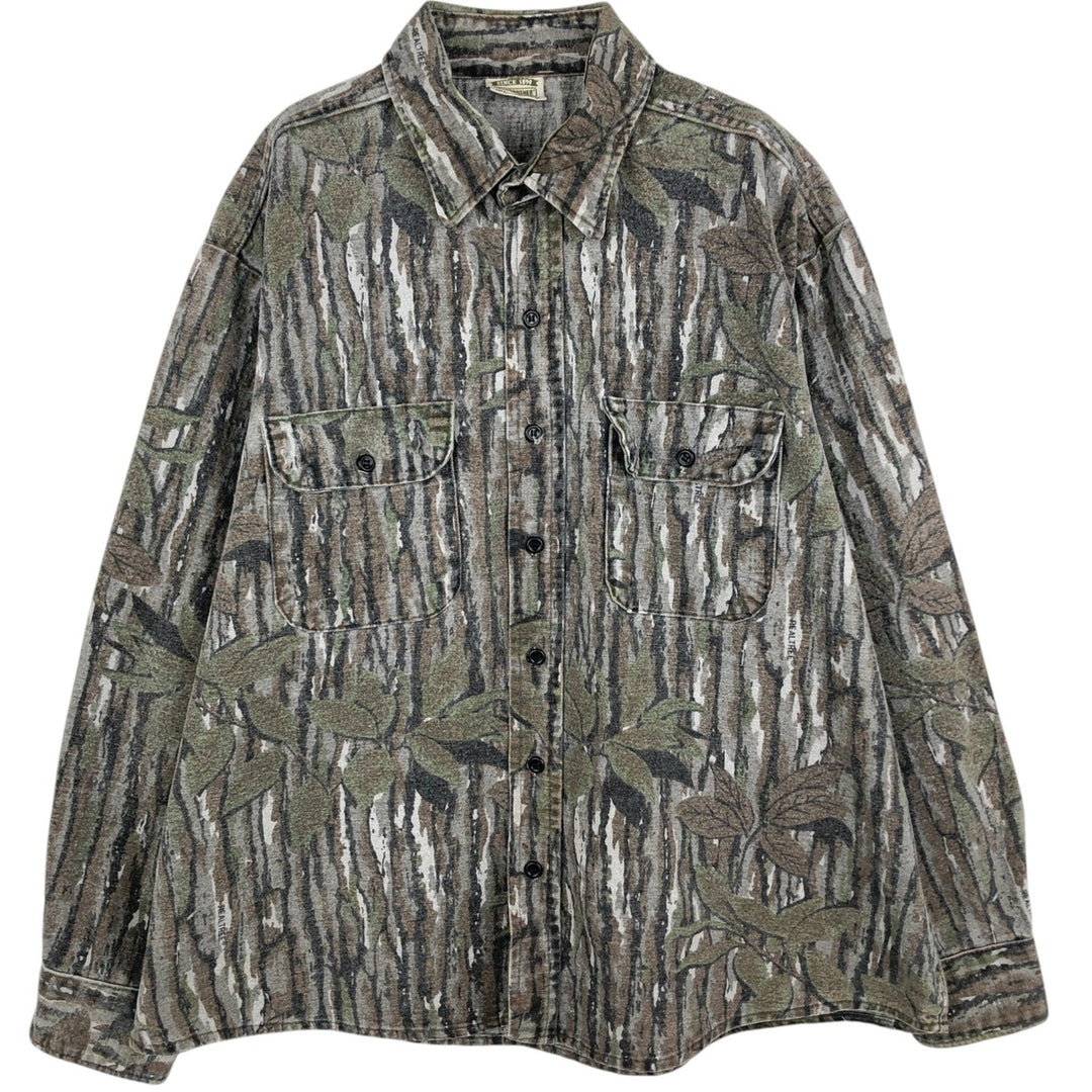 90'S Five Brother Real Tree Camo Long-Sleeve Heavy Flannel Shirt, Men's Size XL (Equivalent), Vintage unclear green type Vintage Second Hand