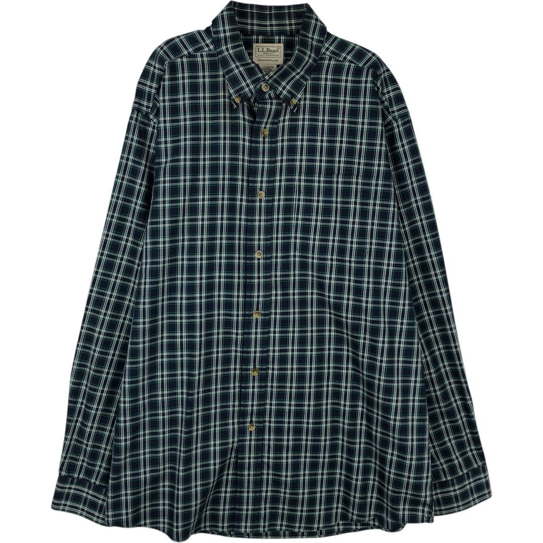 90s-00'S LLBean Long-Sleeve Button-Down Check Shirt, Men's Size L (approx.) cotton navy blue type Vintage Second Hand