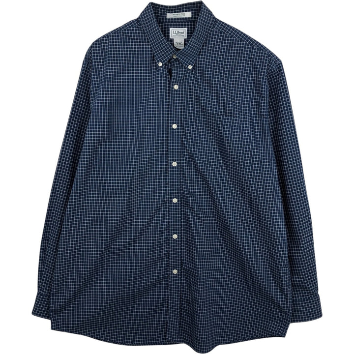 LLBean Long Sleeve Button-Down Check Shirt, Men's Size XL cotton navy blue type Vintage Second Hand