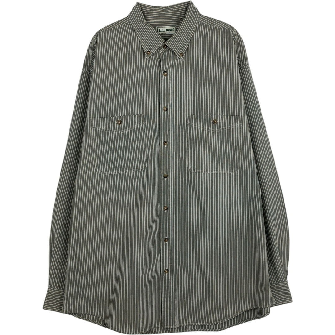 90s-era LLBean long-sleeved button-down striped shirt, men's size L equivalent, vintage. cotton Khaki type sage green Vintage Second Hand