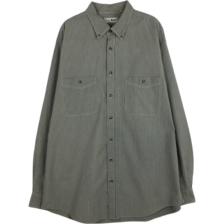 90s-era LLBean long-sleeved button-down striped shirt, men's size L equivalent, vintage. cotton Khaki type sage green Vintage Second Hand