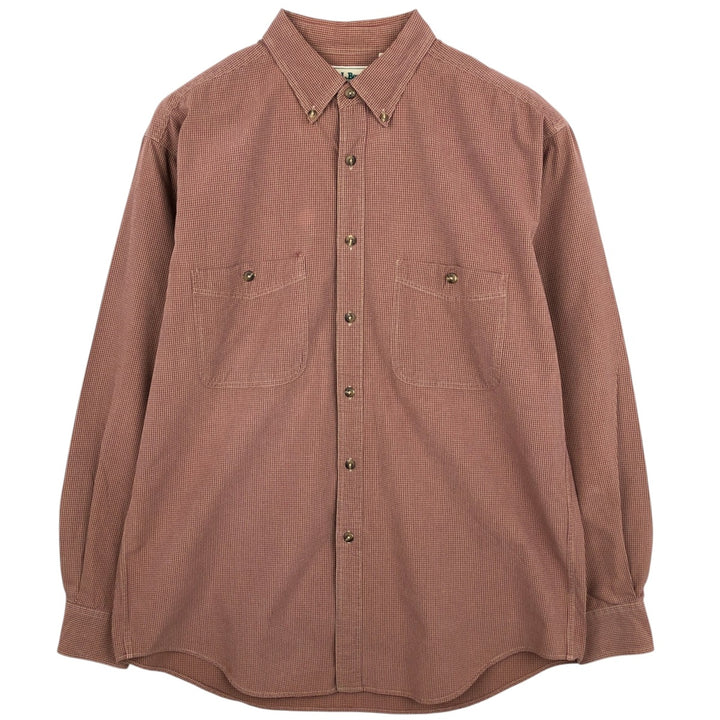 90'S LLBean gingham check long-sleeved button-down shirt, men's size M equivalent, vintage. cotton brown type Vintage Second Hand