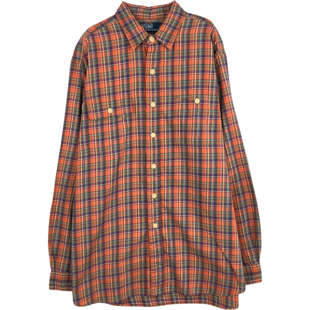 Ralph Lauren POLO by Ralph Lauren Check Pattern Long-Sleeve Cotton Shirt, Men's Size L (approx.) cotton orange type Vintage Second Hand