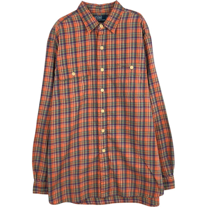 Ralph Lauren POLO by Ralph Lauren Check Pattern Long-Sleeve Cotton Shirt, Men's Size L (approx.) cotton orange type Vintage Second Hand