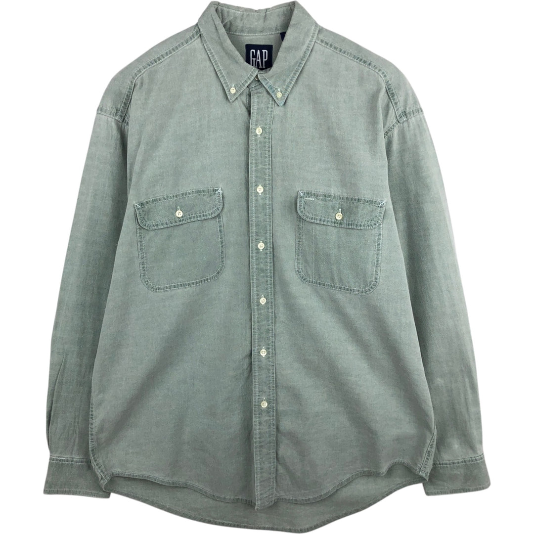 90'S GAP Old Gap Button-Down Long-Sleeve Cotton Check Shirt, Made in Canada, Men's Size L (approx.), Vintage cotton Khaki type sage green Vintage Second Hand