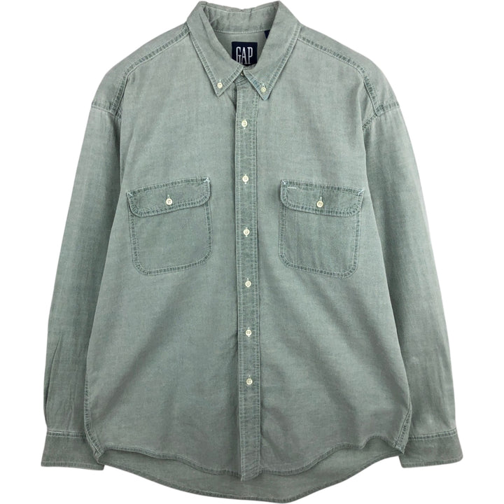90'S GAP Old Gap Button-Down Long-Sleeve Cotton Check Shirt, Made in Canada, Men's Size L (approx.), Vintage cotton Khaki type sage green Vintage Second Hand