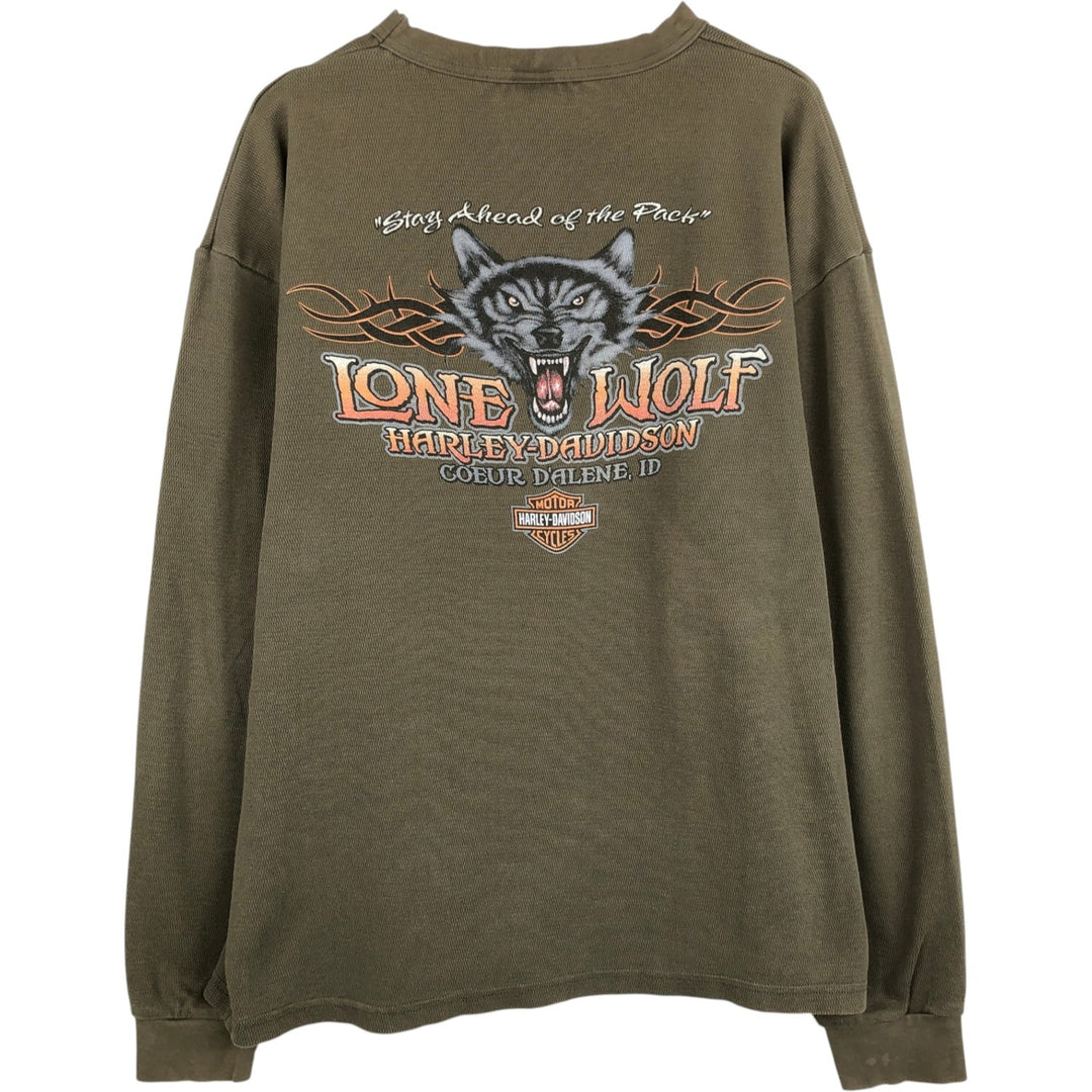 Harley-Davidson Wolf Pattern Thermal Long-Sleeve T-Shirt, Honeycomb, Made in USA, Men's XL equivalent. cotton Khaki type sage green Vintage Second Hand