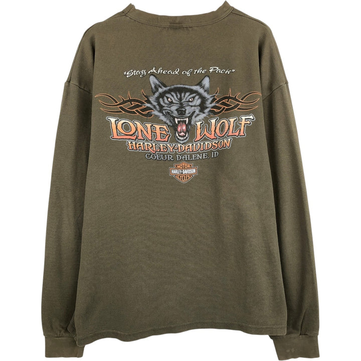 Harley-Davidson Wolf Pattern Thermal Long-Sleeve T-Shirt, Honeycomb, Made in USA, Men's XL equivalent. cotton Khaki type sage green Vintage Second Hand