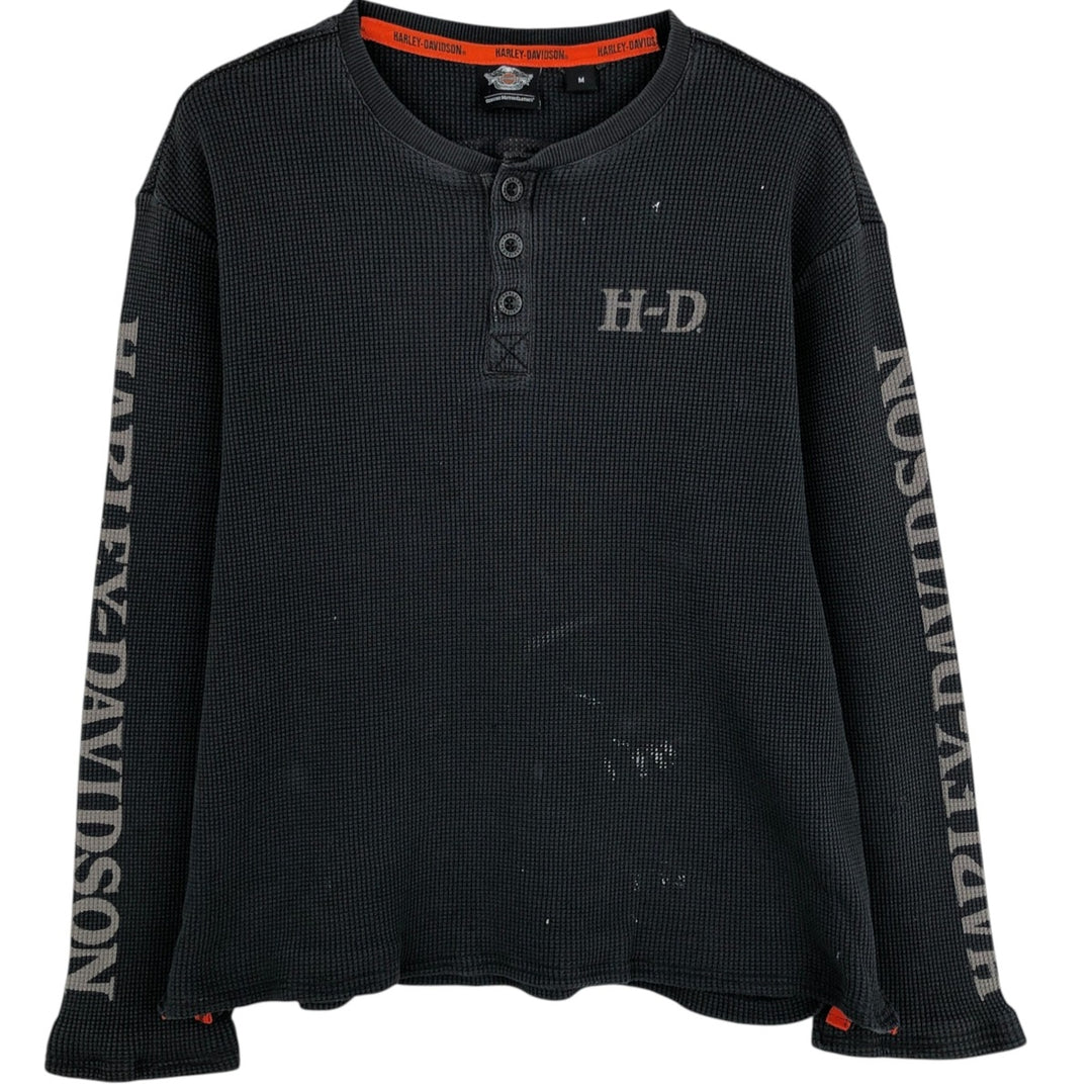 Harley-Davidson Skull Pattern Henley Neck Thermal Long-Sleeve T-Shirt (Men's Size M) unclear black type Vintage Second Hand