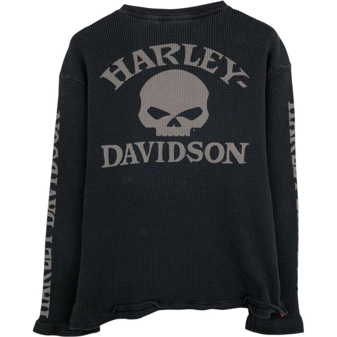 Harley-Davidson Skull Pattern Henley Neck Thermal Long-Sleeve T-Shirt (Men's Size M) unclear black type Vintage Second Hand