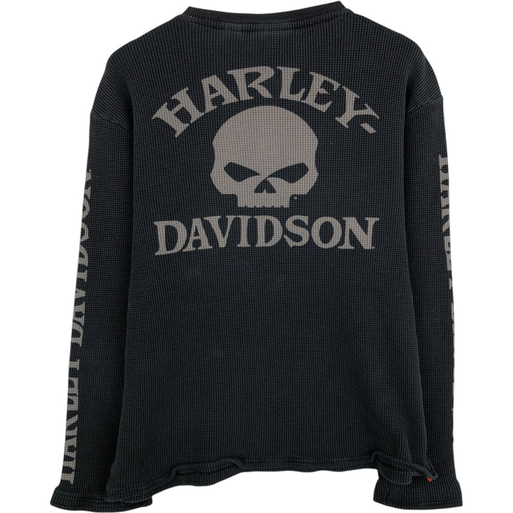 Harley-Davidson Skull Pattern Henley Neck Thermal Long-Sleeve T-Shirt (Men's Size M) unclear black type Vintage Second Hand