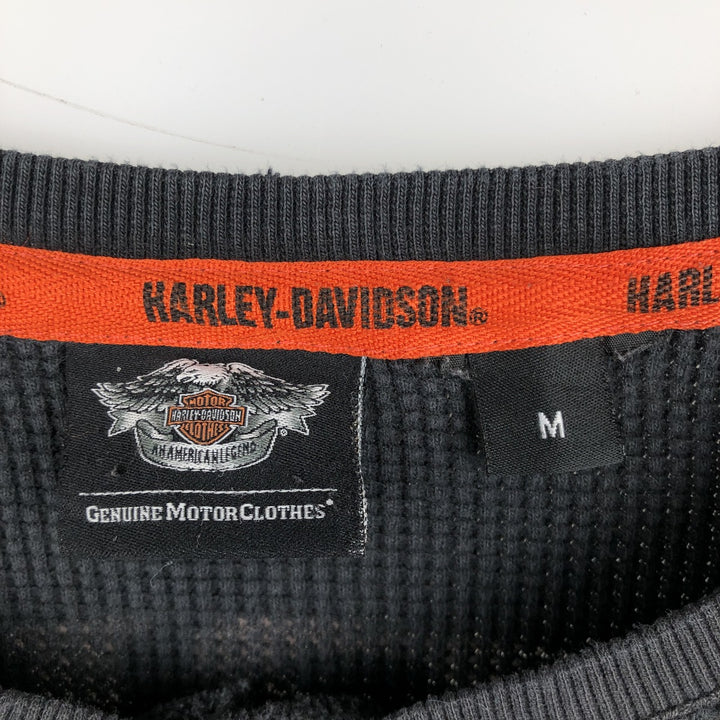 Harley-Davidson Skull Pattern Henley Neck Thermal Long-Sleeve T-Shirt (Men's Size M) unclear black type Vintage Second Hand