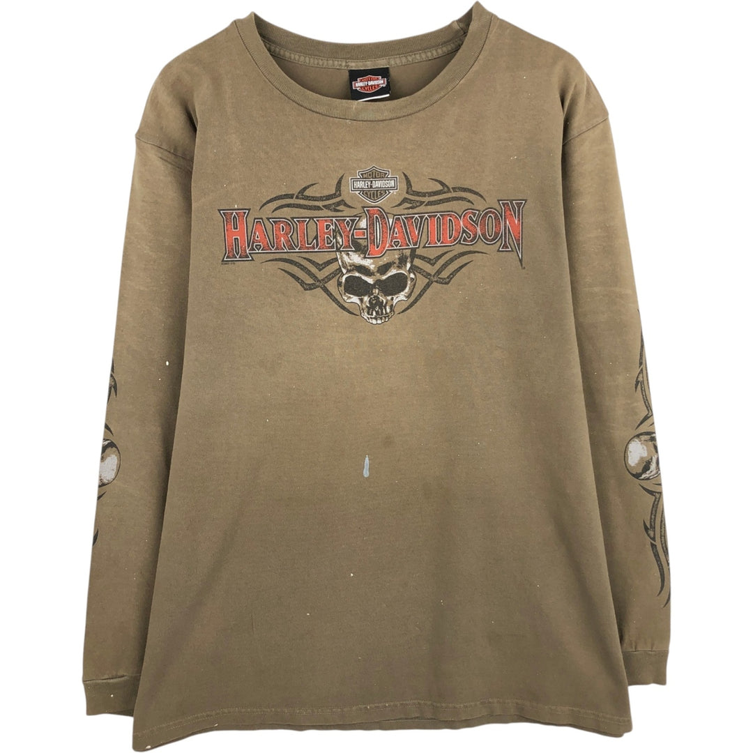 2000'S Harley-Davidson Skull Pattern Motorcycle Long-Sleeve T-Shirt, Made in USA, Men's XL equivalent. cotton Khaki type brown Vintage Second Hand
