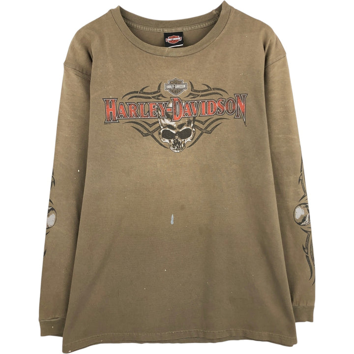 2000'S Harley-Davidson Skull Pattern Motorcycle Long-Sleeve T-Shirt, Made in USA, Men's XL equivalent. cotton Khaki type brown Vintage Second Hand