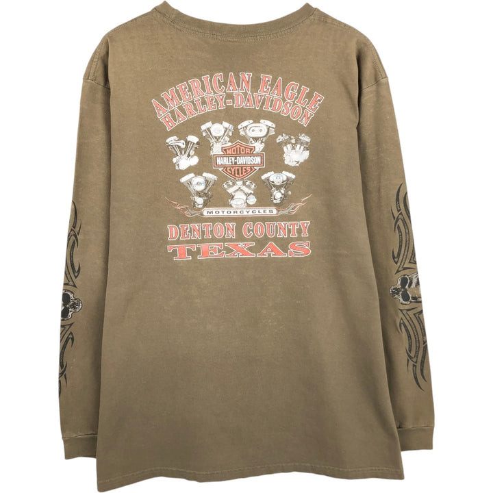 2000'S Harley-Davidson Skull Pattern Motorcycle Long-Sleeve T-Shirt, Made in USA, Men's XL equivalent. cotton Khaki type brown Vintage Second Hand