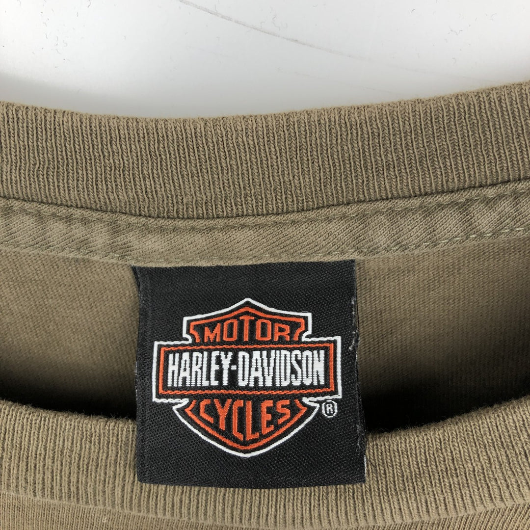 2000'S Harley-Davidson Skull Pattern Motorcycle Long-Sleeve T-Shirt, Made in USA, Men's XL equivalent. cotton Khaki type brown Vintage Second Hand