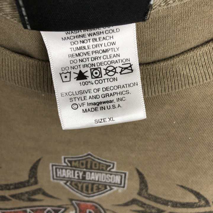 2000'S Harley-Davidson Skull Pattern Motorcycle Long-Sleeve T-Shirt, Made in USA, Men's XL equivalent. cotton Khaki type brown Vintage Second Hand