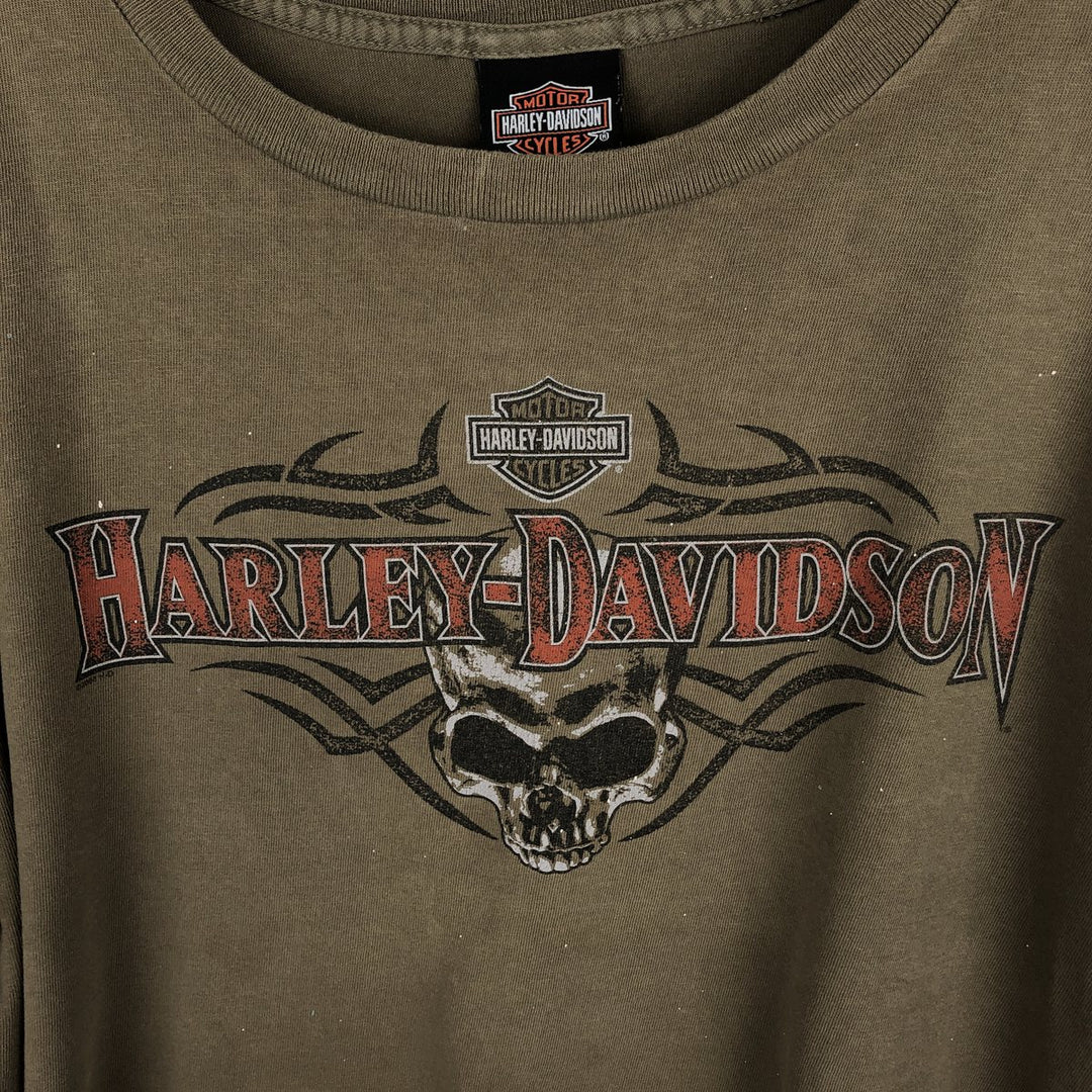 2000'S Harley-Davidson Skull Pattern Motorcycle Long-Sleeve T-Shirt, Made in USA, Men's XL equivalent. cotton Khaki type brown Vintage Second Hand