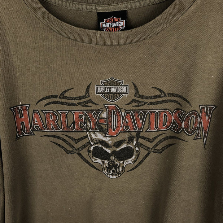 2000'S Harley-Davidson Skull Pattern Motorcycle Long-Sleeve T-Shirt, Made in USA, Men's XL equivalent. cotton Khaki type brown Vintage Second Hand
