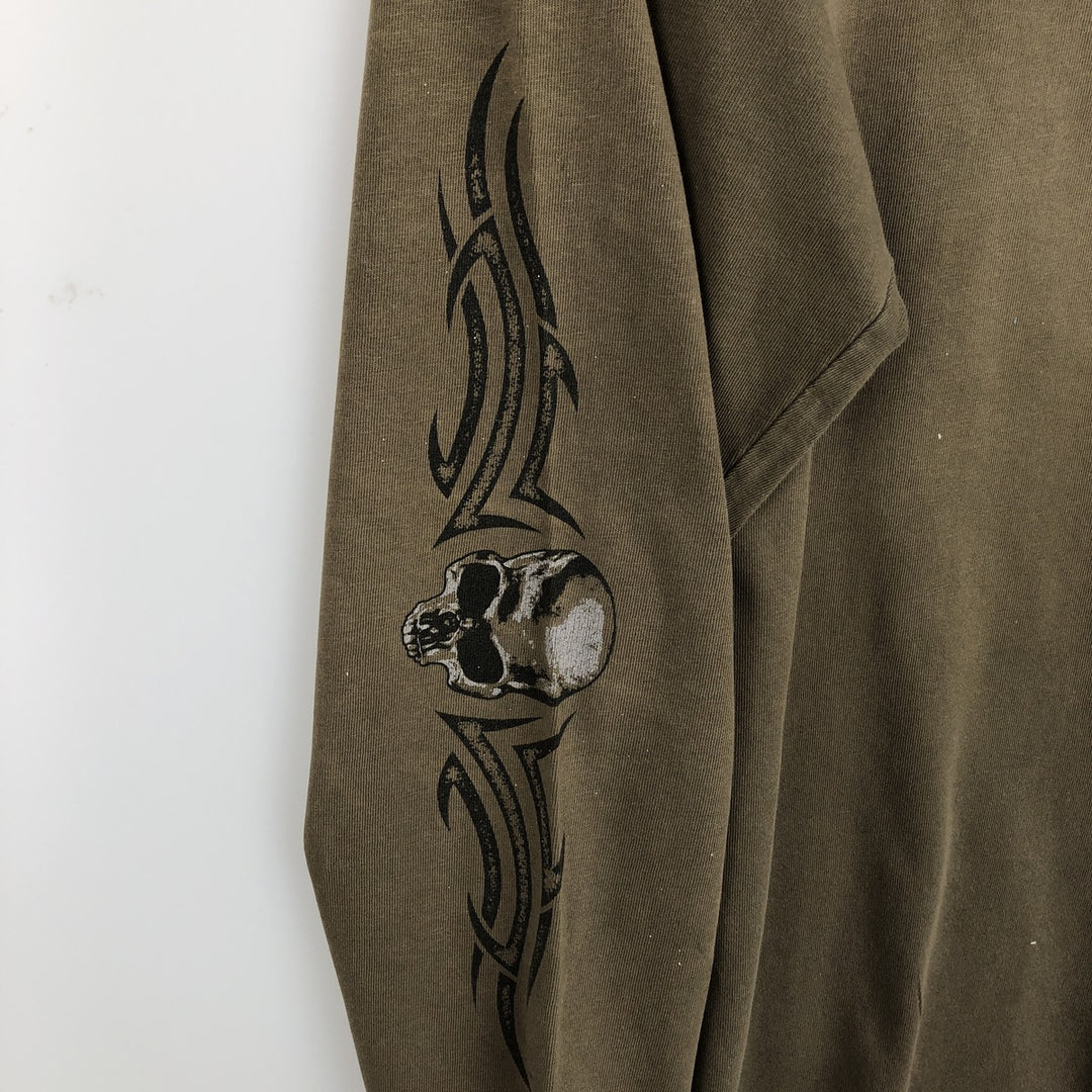 2000'S Harley-Davidson Skull Pattern Motorcycle Long-Sleeve T-Shirt, Made in USA, Men's XL equivalent. cotton Khaki type brown Vintage Second Hand