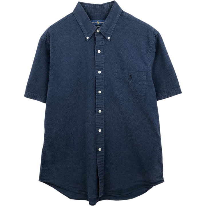 Ralph Lauren SLIM FIT Seersucker Short-Sleeve Button-Down Shirt (Men's Size XL) cotton navy blue type Vintage Second Hand