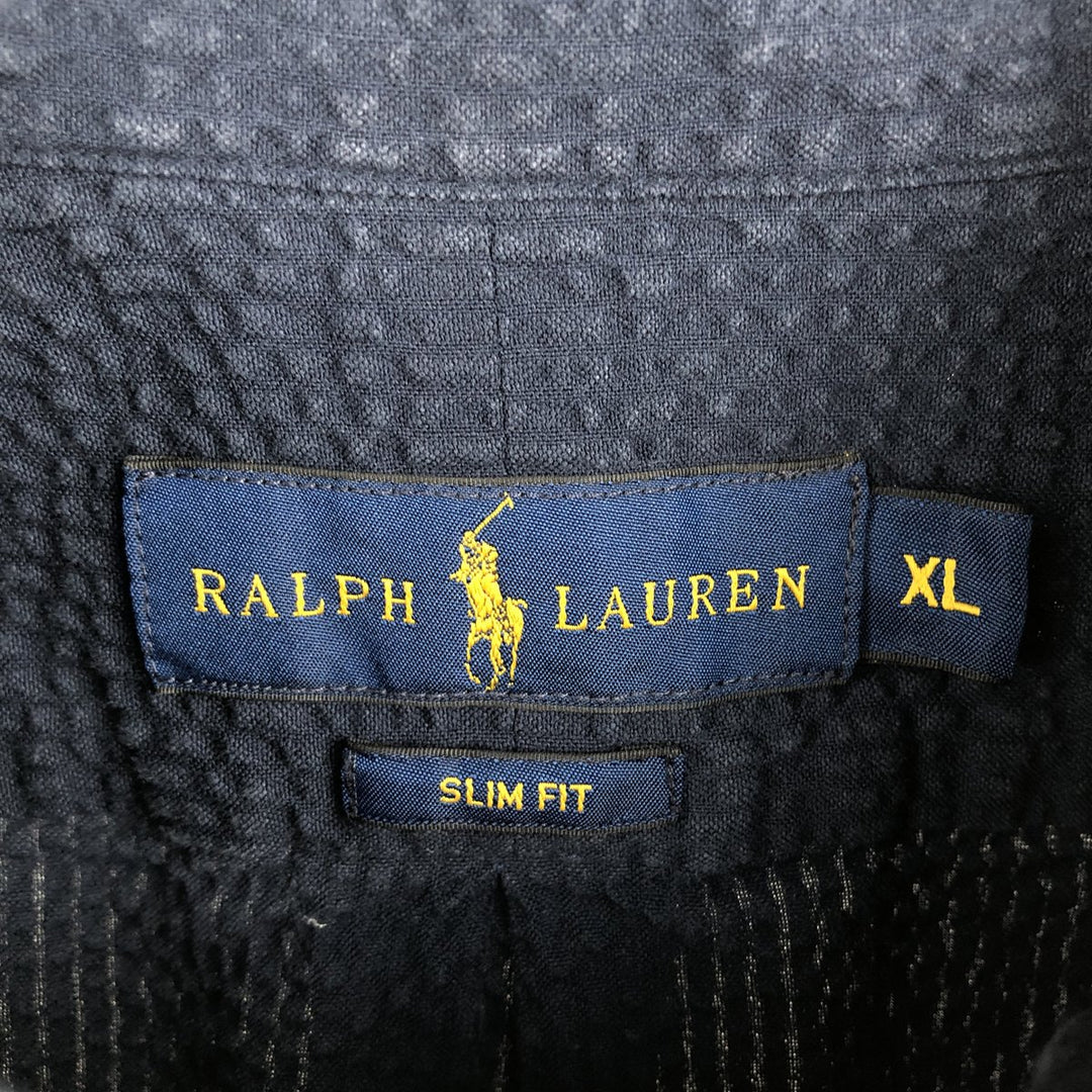 Ralph Lauren SLIM FIT Seersucker Short-Sleeve Button-Down Shirt (Men's Size XL) cotton navy blue type Vintage Second Hand