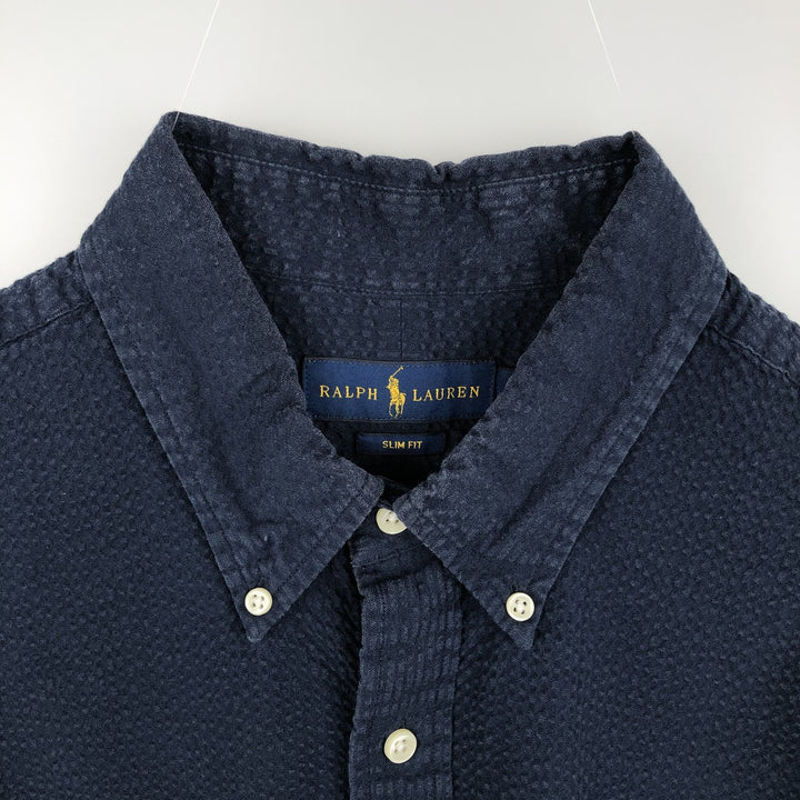 Ralph Lauren SLIM FIT Seersucker Short-Sleeve Button-Down Shirt (Men's Size XL) cotton navy blue type Vintage Second Hand