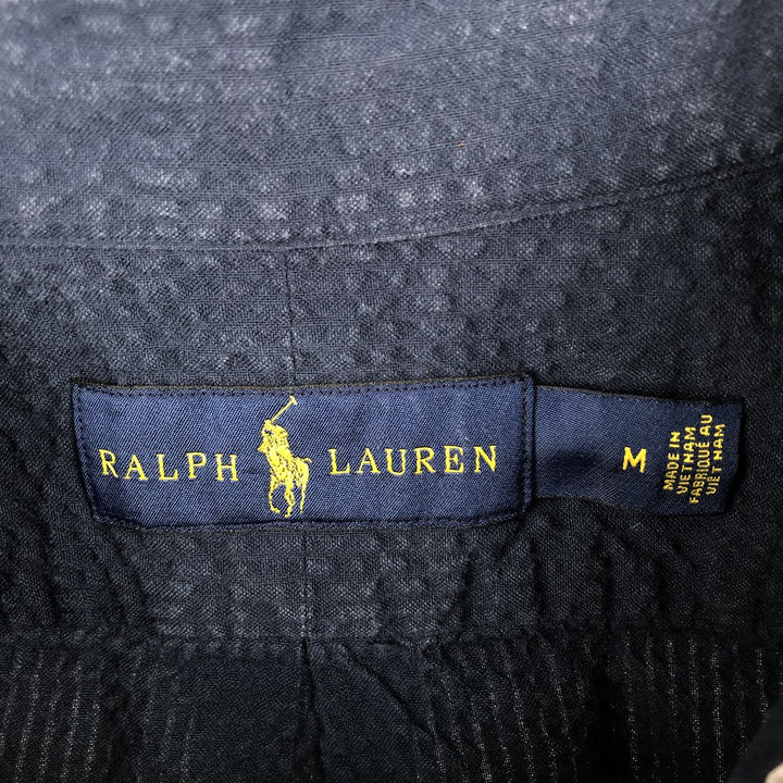 Ralph Lauren SLIM FIT Seersucker Short-Sleeve Button-Down Shirt (Men's Size M) cotton navy blue type Vintage Second Hand