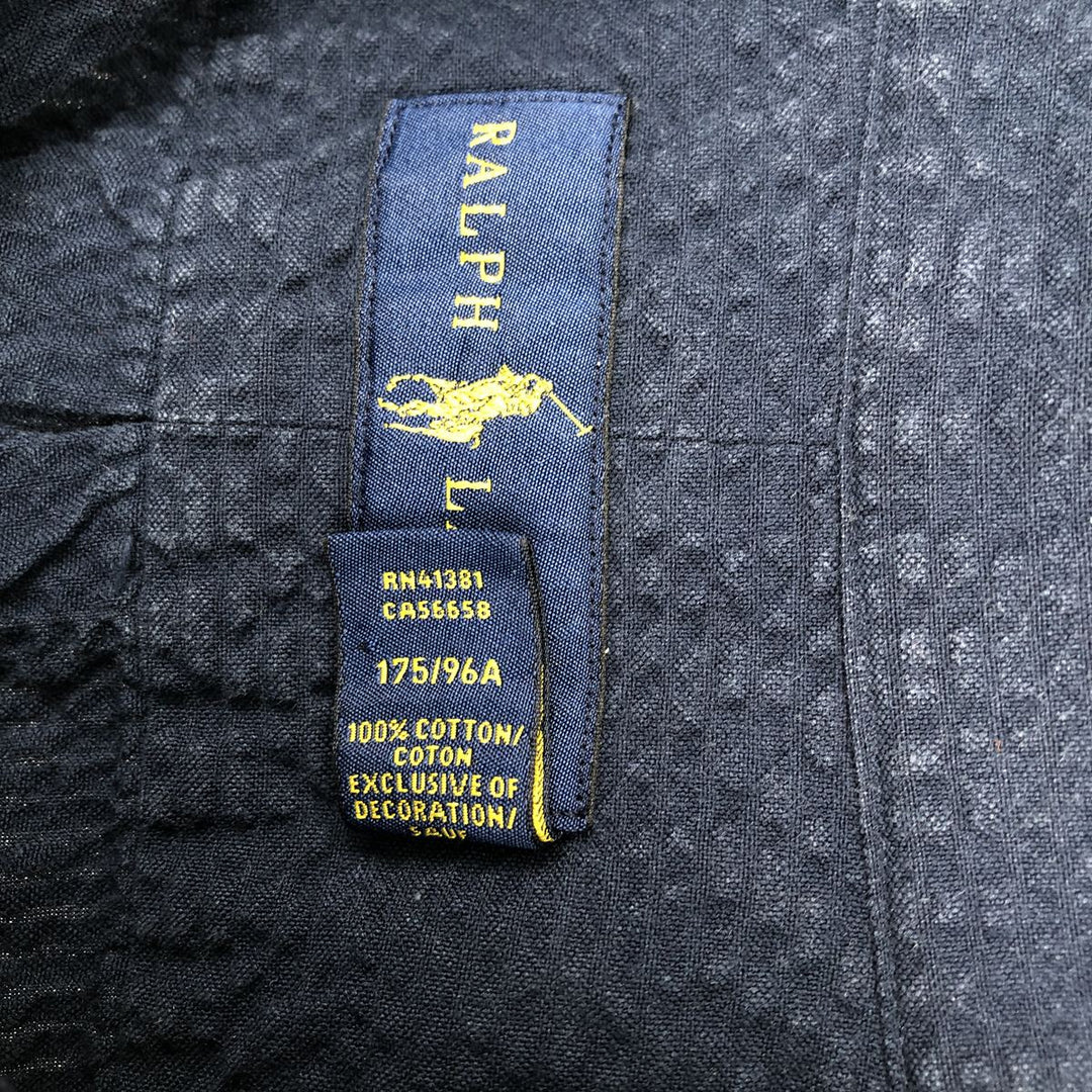 Ralph Lauren SLIM FIT Seersucker Short-Sleeve Button-Down Shirt (Men's Size M) cotton navy blue type Vintage Second Hand