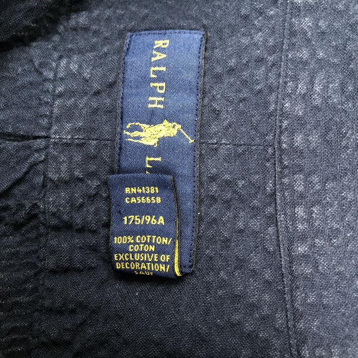 Ralph Lauren SLIM FIT Seersucker Short-Sleeve Button-Down Shirt (Men's Size M) cotton navy blue type Vintage Second Hand