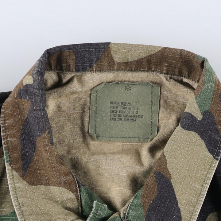 90'S US Military Genuine Camouflage Pattern Woodland Camo Ripstop BDU Military Jacket Made in USA MEDIUM-REGULAR Men's M cotton Khaki type Vintage Second Hand