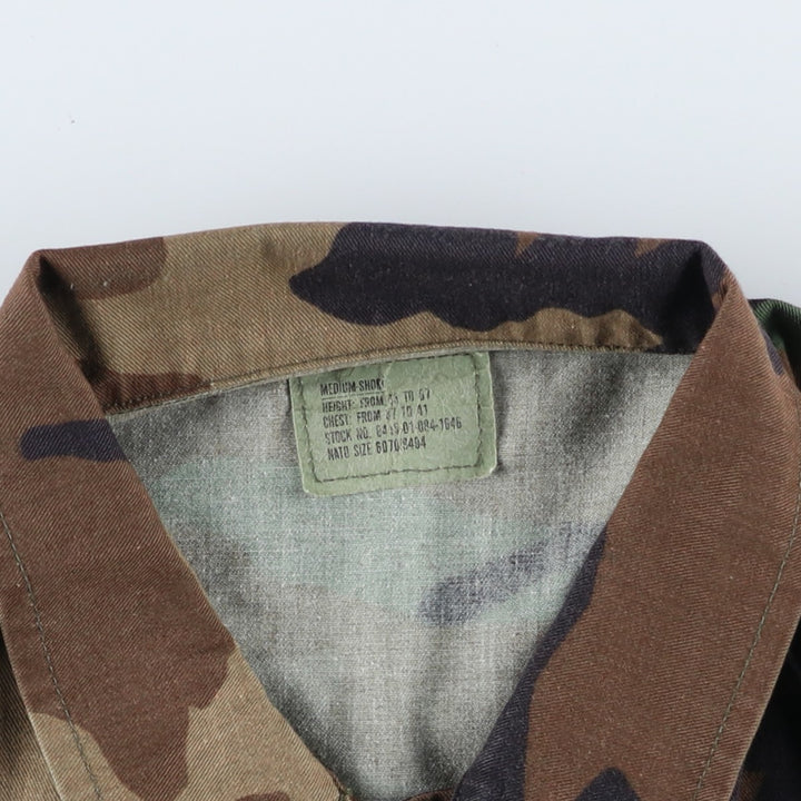 80'S US Military Genuine Camouflage Pattern Woodland Camo Ripstop BDU Military Jacket Made in USA MEDIUM-SHORT Men's M cotton Khaki type Vintage Second Hand