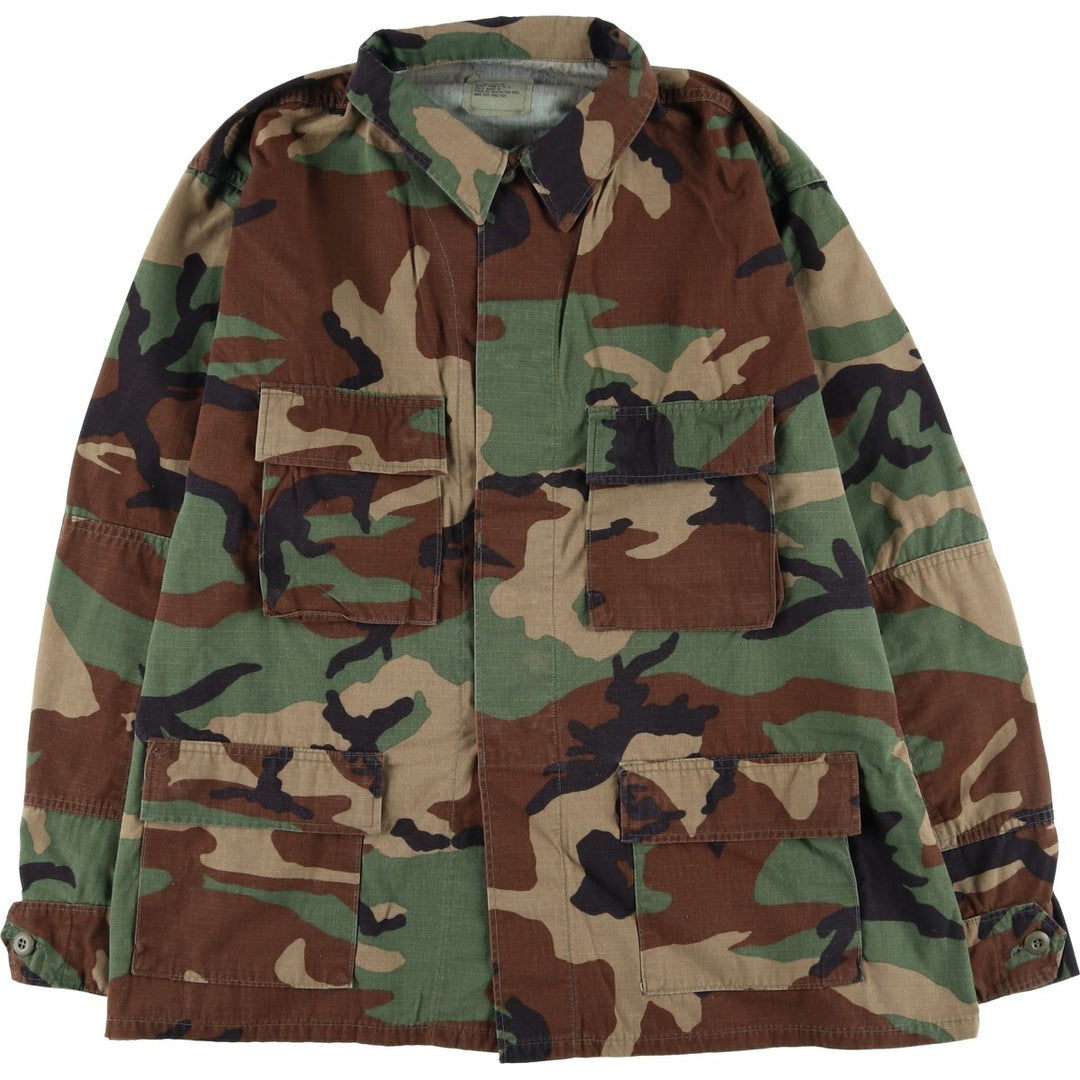 1990'S US Military Issue Camouflage Pattern Woodland Camo Ripstop BDU Military Jacket, Made in USA, X-LARGE-REGULAR Nylon Khaki type Vintage Second Hand