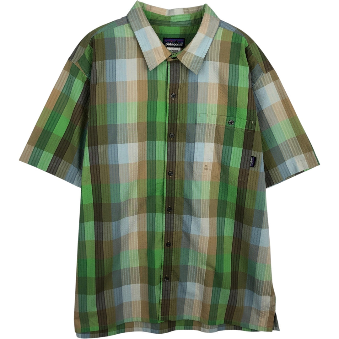 Patagonia Packerwear Shirt 53002SP13 Seersucker Check Pattern Short Sleeve Poly Shirt Box Shirt Men's XL Equivalent polyester green type Vintage Second Hand