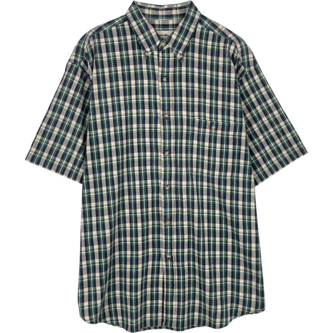 Eddie Bauer Check Pattern Short-Sleeve Button-Down Check Shirt, Men's Size L (approx.) cotton green type Vintage Second Hand