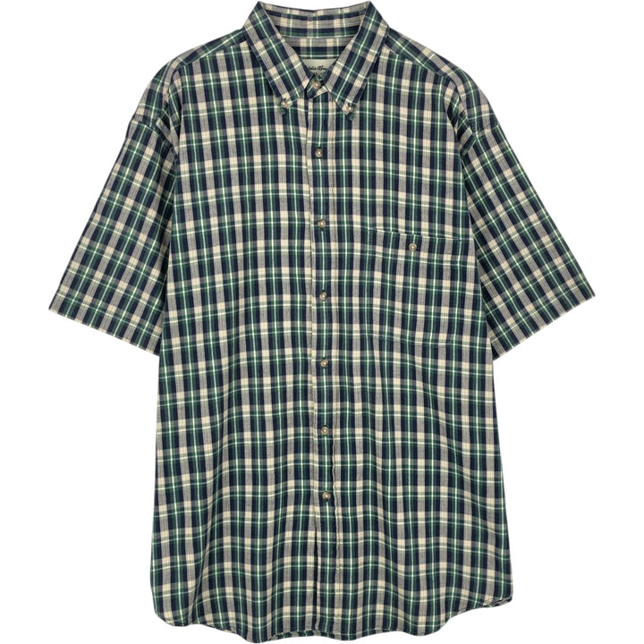 Eddie Bauer Check Pattern Short-Sleeve Button-Down Check Shirt, Men's Size L (approx.) cotton green type Vintage Second Hand