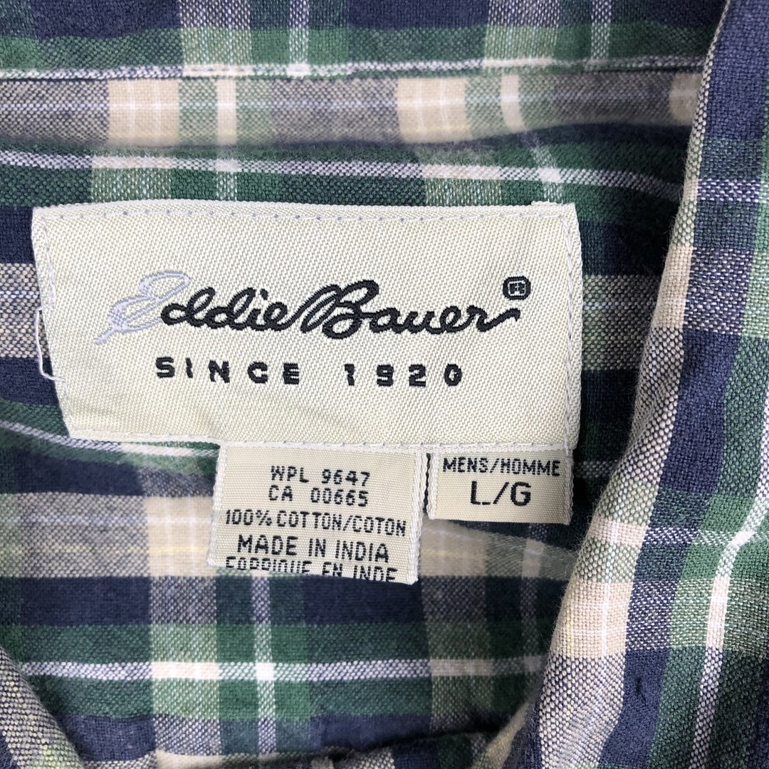 Eddie Bauer Check Pattern Short-Sleeve Button-Down Check Shirt, Men's Size L (approx.) cotton green type Vintage Second Hand
