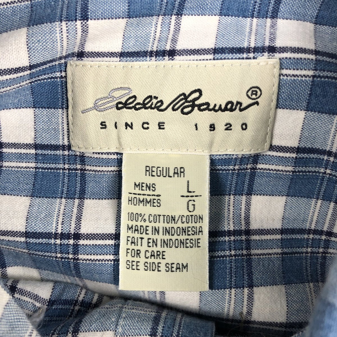 Eddie Bauer short sleeve button down check shirt, men's size L cotton blue type Vintage Second Hand