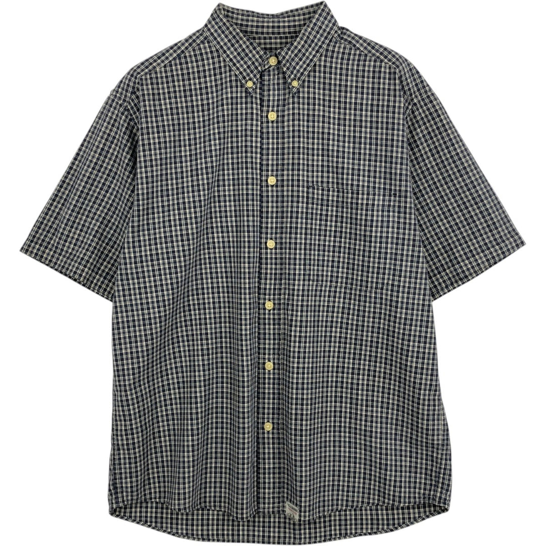 Eddie Bauer short sleeve button down check shirt, men's size M cotton navy blue type Vintage Second Hand