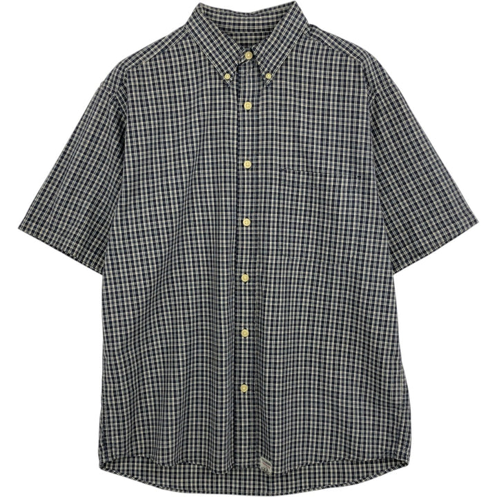 Eddie Bauer short sleeve button down check shirt, men's size M cotton navy blue type Vintage Second Hand