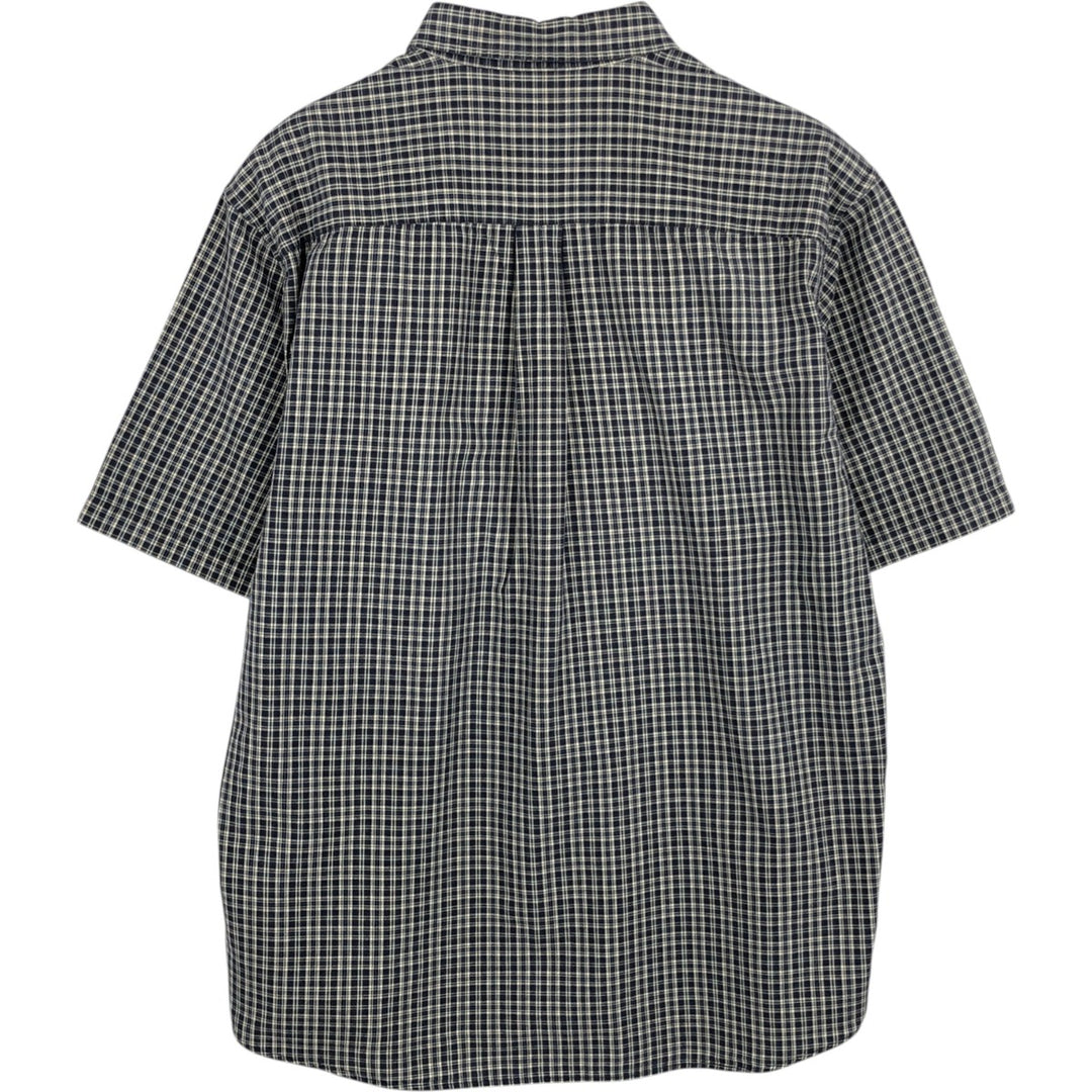 Eddie Bauer short sleeve button down check shirt, men's size M cotton navy blue type Vintage Second Hand