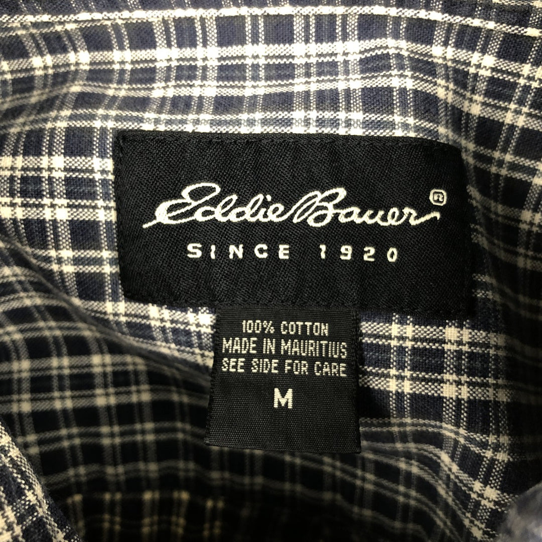 Eddie Bauer short sleeve button down check shirt, men's size M cotton navy blue type Vintage Second Hand