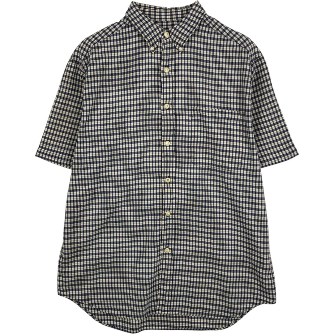 Eddie Bauer short sleeve button down check shirt, men's size M cotton navy blue type Vintage Second Hand