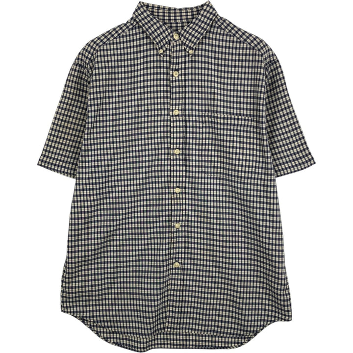 Eddie Bauer short sleeve button down check shirt, men's size M cotton navy blue type Vintage Second Hand