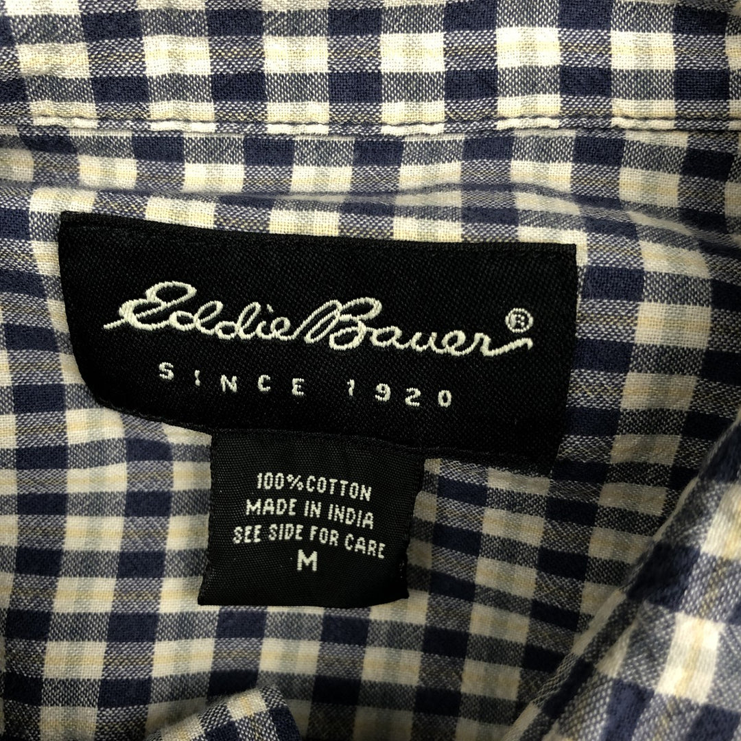 Eddie Bauer short sleeve button down check shirt, men's size M cotton navy blue type Vintage Second Hand