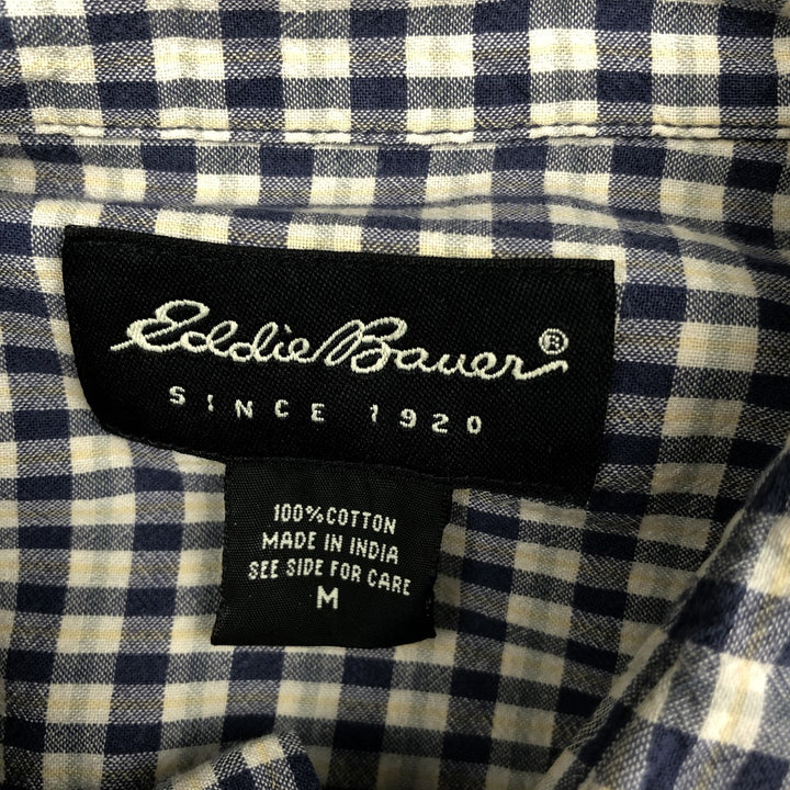Eddie Bauer short sleeve button down check shirt, men's size M cotton navy blue type Vintage Second Hand