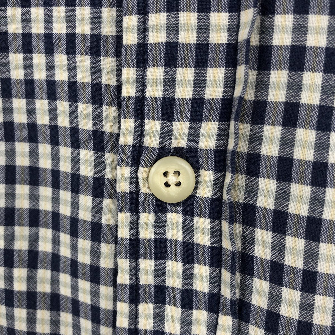 Eddie Bauer short sleeve button down check shirt, men's size M cotton navy blue type Vintage Second Hand
