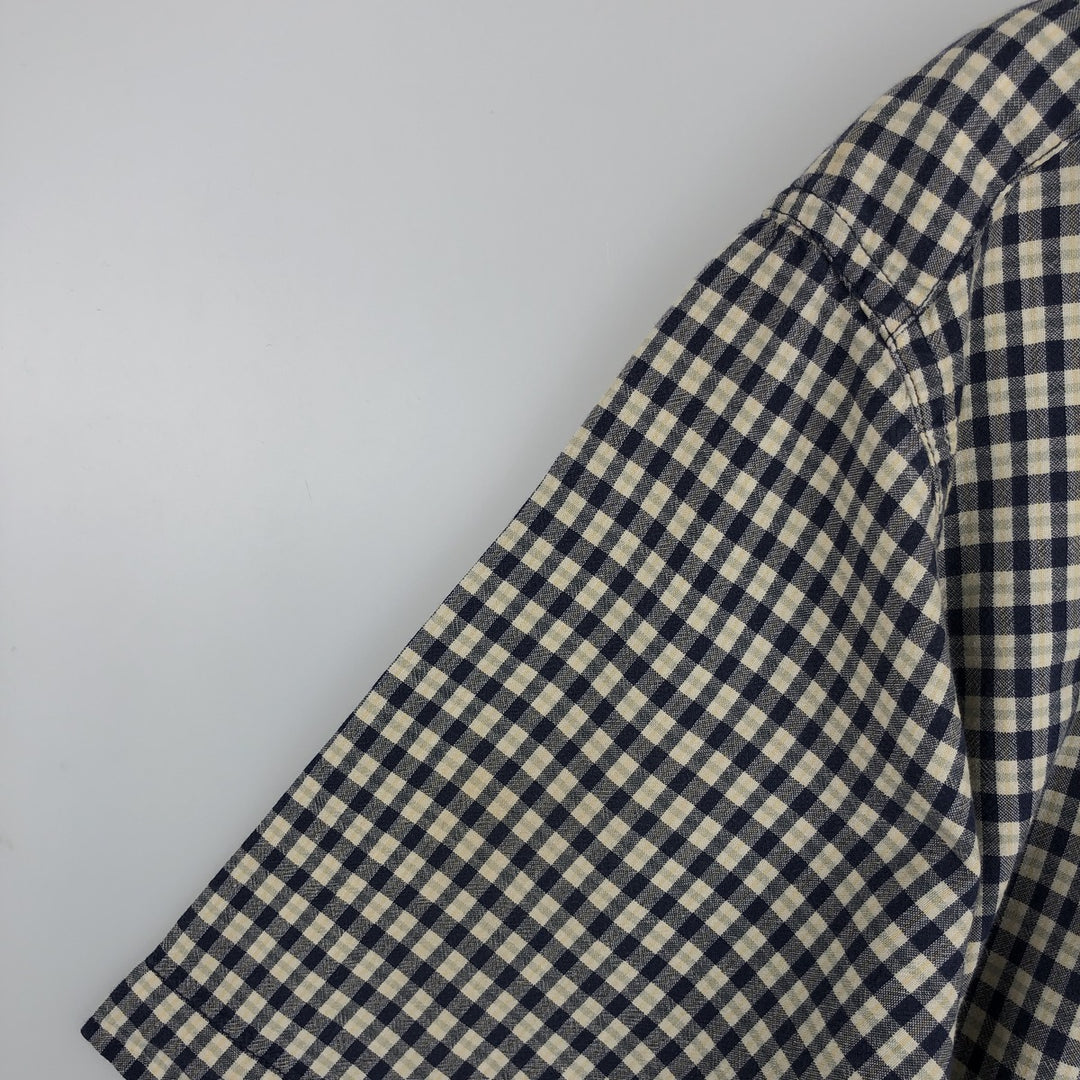 Eddie Bauer short sleeve button down check shirt, men's size M cotton navy blue type Vintage Second Hand